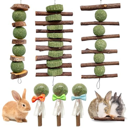 Jorewood 3 Pcs Bunny Chew Toys with 3 Pcs Rabbit Chew Lollipop for Teeth Grinding, Improve Dental Health, Treats for Rabbits Guinea Pigs Chinchillas Bunnies Hamsters - size: 6 count