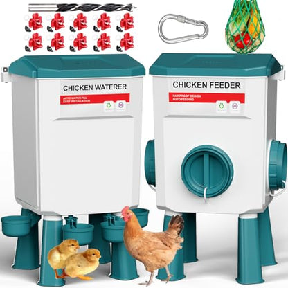 Chicken Feeder and Waterer Set, 3 Gallon/26.5 Pounds, Automatic Chicken Feeders and Chicken Waterer, Detachable for Chick, Duck & Quail Coop Use, Outdoor Farm & Backyard (Upgraded) - size: 3 Gallon Upgraded