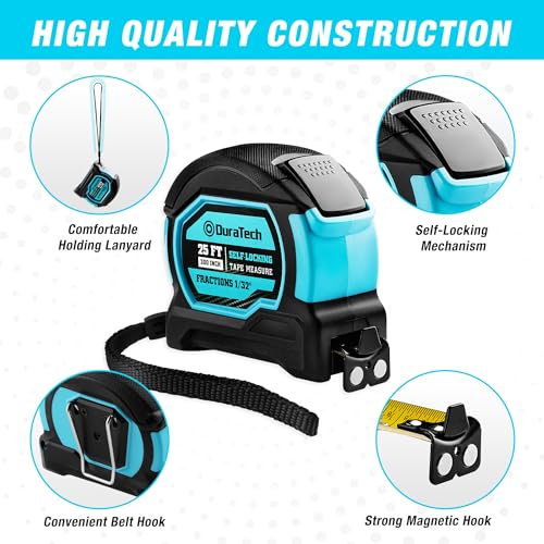 DURATECH 25FT Auto-Lock Tape Measure, Easy Read Magnetic Measuring Tape with Fractions 1/8″, Double Sided Measurement Tape with Minimum Scale 1/32″, Magnetic Hook, and Rubber Protective Casing