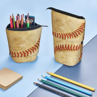 Retro Baseball Kids Standing Pencil Case Girls Boys Telescopic Stationary Pouch with Zipper Large Capacity Stand up Pen Bag Portable Makeup Holder for Children School Students Office Supplies - color: Baseball
