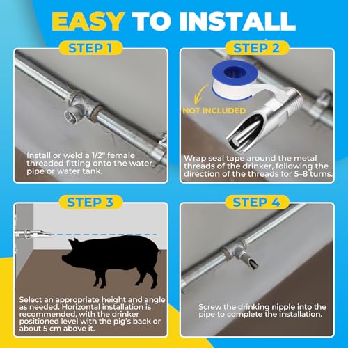 NATGAI 20 Pack Pig Water Nipple, 1/2" NPT Stainless Steel Automatic Pig Nipple Waterer, Heavy Duty Hog & Swine Water Drinker Feeder, Pig Nipple Drinker for Sows, Piglets & Goats Drinking System