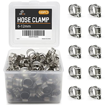 ZIPCCI Small Hose Clamp, 100 Pack Hose Clamps Stainless Steel Worm Gear Fuel Line Hose Clamps, 6-12mm (1/4-1/2 inch) - size: 6-12mm (3/8inch)