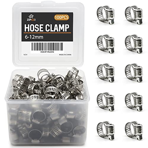 ZIPCCI Small Hose Clamp, 100 Pack Hose Clamps Stainless Steel Worm Gear Fuel Line Hose Clamps, 6-12mm (1/4-1/2 inch) - size: 6-12mm (3/8inch)