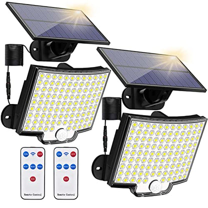 Solar Lights Outdoor, 106 LED 3000LM Solar Powered Motion Sensor Flood Lights with Remote, Dusk to Dawn Led Solar Security Wall Lights with 16.5Ft Cable IP65 Waterproof for Outside, Garage, 2 Pack - size: 2