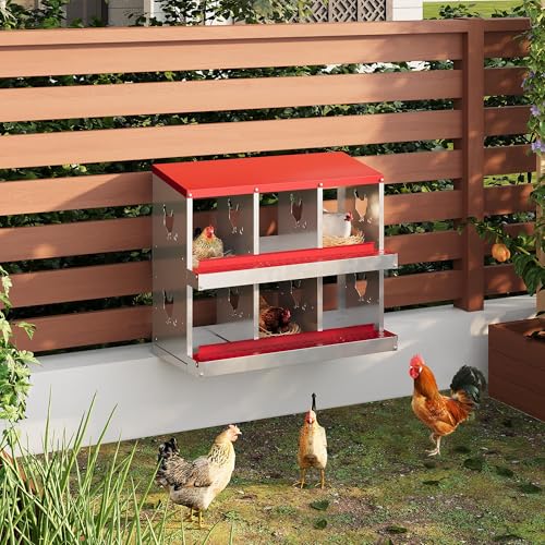 6-Compartment Metal Chicken Nesting Box - with Perch, Secure Lid & Metal Legs, Wall-Mount or Free-Standing Nesting Boxes for Hens - color: red, size: 6 Compartments