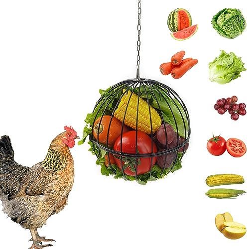 Hanging Chicken Feeder - 7.1 Inch Large Iron Chicken Veggie Treat Ball - Sturdy Chicken Treat Holder with 15.7 Inch Hanging Chain - Black - color: Black