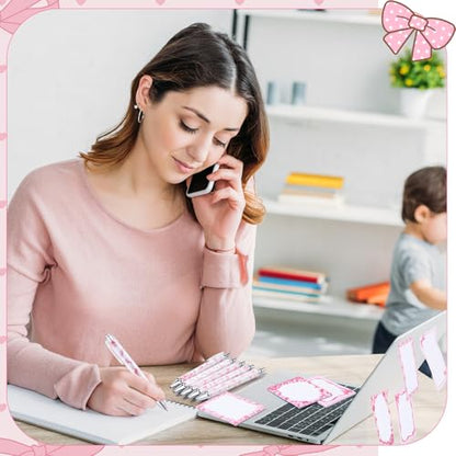 Dispowreath 24 Pcs Pink Bow Sticky Notes with Pens Coquette Bow Themed Self Adhesive Notepad Black Ink Ballpoint Pen Office Supplies Coquette Gift for Birthday, Bachelorette, Bridal, Engagement - style: Pink bow