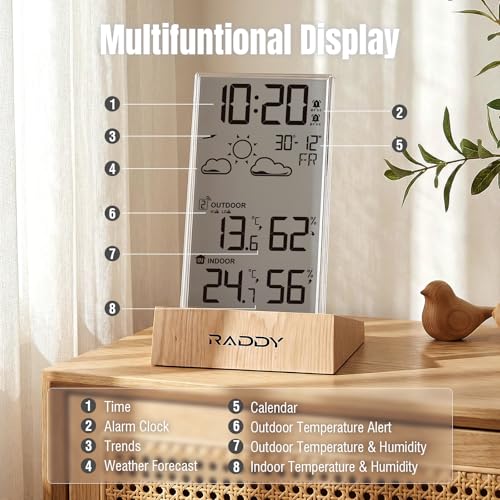 Raddy V5 Wireless Weather Station, Indoor Outdoor Thermometer & Hygrometer, Battery Powered Temperature Humidity Monitor, 5.0" LCD Display, 12-Hour Forecast, Frost Alert, Remote Sensor