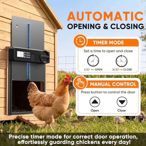 Automatic Chicken Coop Door - Reinforced Gear Drive System, Large Automatic Chicken Door with Timer & Manual Mode, Battery Powered Chicken Coop Door | Aluminum Alloy | Anti-Pinch | External Gear Track