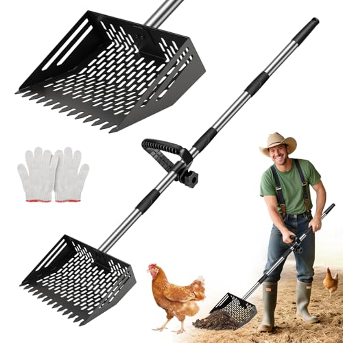 MYPIN 64.5 Inch Chicken Poop Scooper & Rake,for Chicken Pooper Small Farm Animal, with Adjustable Stainless Steel Handle, Ergonomic Grip, Cat Litter Scooper Sand Sifting Shovel