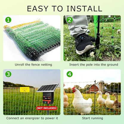 Electric Fence Netting, 47.2" H x 164'L Electric Chicken Fence, Portable Chicken Fence with Double Spiked Fiberglass Posts for Chickens, Ducks,Turkeys, Sheep, Geese in Yard, Farms,Backyards, Garden