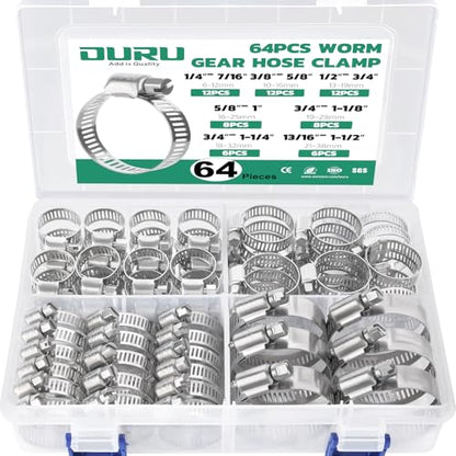 OURU 64PCS Hose Clamps Stainless Steel Assortment Adjustable 1/4"-1-1/2"(6-38mm) Worm Gear Hose Clamp, Heavy Duty Metal Small Hose Clamps for Automotive, Pipe, Radiator Plumbing, Fuel Line - size: 64PCS KIT-HOSE CLAMP(1/4"-1-1/2")