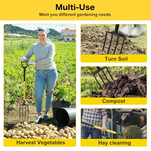 Pitch Fork, 4 Tine Heavy Duty Garden Fork with Ergonomic No-Slip D-Grip Handles, 45 Inches Long Handle Spading Fork, Perfect for Gardening Digging, Land Management, Yard work, Farming (Black)