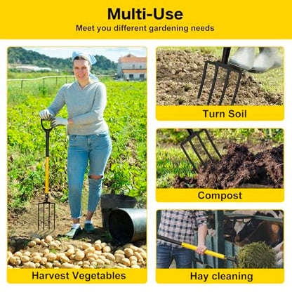 Pitch Fork, 4 Tine Heavy Duty Garden Fork with Ergonomic No-Slip D-Grip Handles, 45 Inches Long Handle Spading Fork, Perfect for Gardening Digging, Land Management, Yard work, Farming (Black)