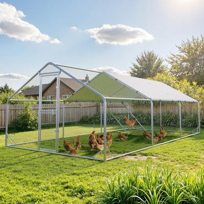 Sannwsg Large Metal Chicken Coop with Run, Walk in Chicken Pen with Waterproof Cover, Secure Lock, Heavy Duty Poultry Cage with Feeding Door for Outdoor Farm Use（20x10 FT - size: 118.0"L x 236.0"W x 79.0"H