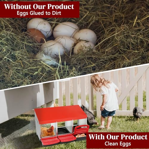 Chicken Nesting Boxes Plastic with Roll Away Egg,3 Compartment Roll Out Chicken Nest Box Egg Laying Box with Lid Cover,Rolling Egg Collection & Protection Chicken Coop for Up to 3 Hens,Red - color: Red, size: 31.9"L x 20.1"W x 18.5"H