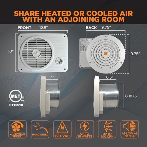 Suncourt ThruWall Room-to-Room Transfer Fan — Quiet Through Wall Vent Fan Improves Air Circulation Between Rooms Up To 200 Sq. Ft. | Hardwired, Variable Speed Dial (TW208) - size: Up to 100 CFM-Hardwired