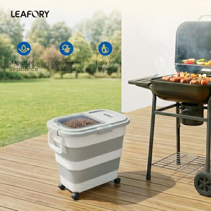 Wood Pellet Storage Container 30-40LB, Airtight Bin with Locking Lid & Clear Window, Collapsible Pellet Bucket with Wheels, Scoop & Labels, Light Gray - color: Light Gray-L