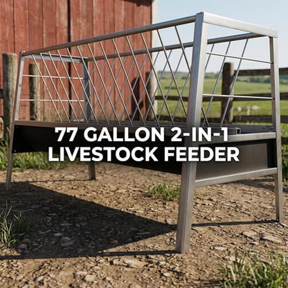 Stainless Steel Goat Feeder, 77 Gallon Anti-Waste Livestock Feeder, 2-in-1 Hay Rack & Rubber Trough, Heavy Duty Elevated Design for Goats, Sheep, Cattle, Use in Barn, Shed, Outdoor Pen