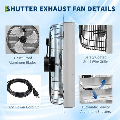 20" Shutter Exhaust Fan with 5 ft Power Cord, 3500 CFM 1500 RPM Quiet High-Speed Airflow with Automatic Shutter Wall Mount fan for Garage, Attic, Greenhouse, Shed Ventilation