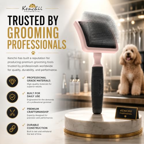 Kenchii Long Pin Slicker Brush for Dogs (Poodles, Doodles, Goldendoodles, Labradoodles), Professional Grooming Brush for Detangling, Fluffing & Dematting, Non-Slip Comfort Handle - color: Blush