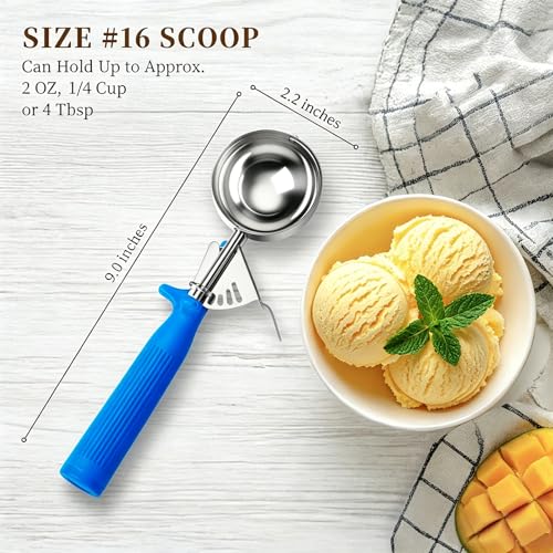 HOMURE H 2 OZ Scoop, Large Ice Cream Scoop with Trigger, #16 Disher, Muffin Scoop, 4 tbsp Cookie Scoop for Baking, Blue Handle, for Making Ice Cream Cookie Muffin Cupcake Mashed Potato - size: #16 (2 oz)