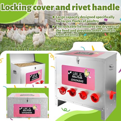 85-120LB Large Automatic Chicken Feeder Galvanized Metal Chicken Feeders with 10 Feeding Ports No Waste Outdoor Poultry Feeder with Handle and Locking Lid for Chickens and Ducks - size: 85-120LB-10 Ports