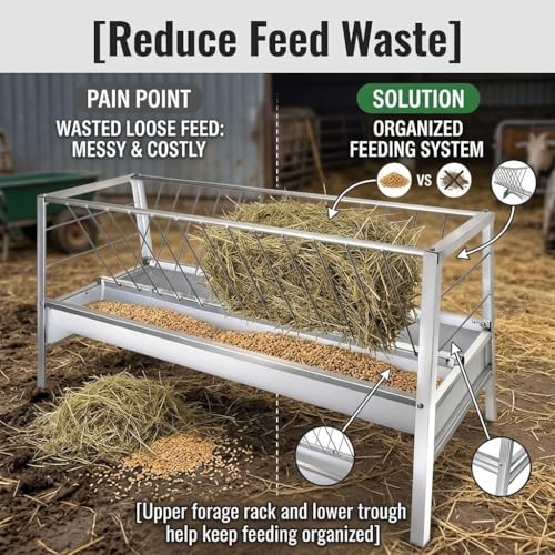 Heavy Duty Feeder Hay for Goat, Sheep and Livestock Animals - Premium Stainless Steel Construction, 87 Gallon Large Capacity, Exact 59 x 33.4 x 19.6in Size for Horses Feeding