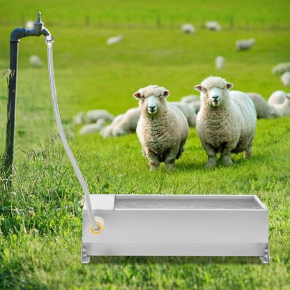 7.5L Water Trough for Livestock Self Filling Drinking Bowl with Float Valve & 3.28ft Hose 304 Stainless Steel Water Tank for Horse Goat Pig Cow Deer, Silver, Easy to Clean