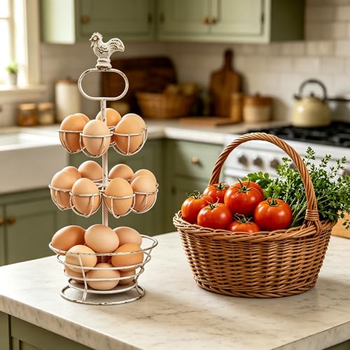 Vintage 2-Tier Metal Egg Holder Stand with Rooster Top Decor, Farmhouse Egg Storage Rack with Bottom Basket, Rustic Kitchen Countertop Organizer for Fresh Eggs (White with Gold) - color: White with Gold - 2-Tier