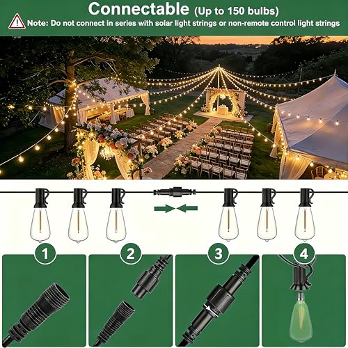 100FT Remote Outdoor String Lights for Outside, 50+2 LED Waterproof Shatterproof Edison Dimmable Timer Bulbs, 2500K Warm White Patio Lights for Garden Backyard Yard Hanging Lighting - size: 100FT