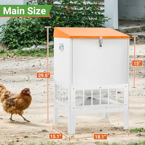 Chicken Feeder with Grille, 85LBS No Waste Chicken Feeder with 22 Ports, Powder-Coated Steel Feeder w/Waterproof Lid and Stainless Handles, 18”L x 15.1”W x 29.5”H - size: 85LBS