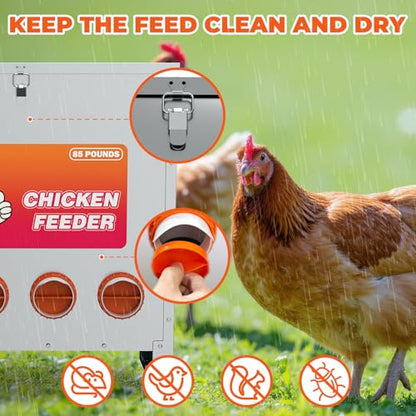 Metal Chicken Feeder No Waste 10 Ports Automatic Poultry Feeder Large Capacity 85 Pounds with Latch & Handle for Chickens Bantams Pheasants Poultry Coop Weatherproof - size: 10 Ports (85-120 LBS)