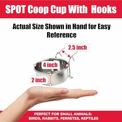 SPOT Stainless Steel Mini Coop Cup with Wire Hooks – 10 oz Small Pet Food & Water Bowl, Rust-Resistant & Easy to Clean, Attaches to Cages for Birds, Parrots, Rabbits, Ferrets, Rats & Small Pets