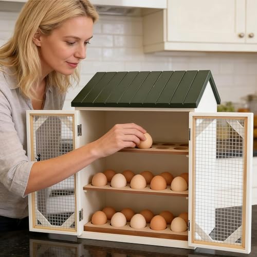 Red Shed 13.5 in.Chicken Coop Egg Storage-Egg Organizer Countertop.Tiered Wooden Egg Storage Cabinet with Mesh Doors