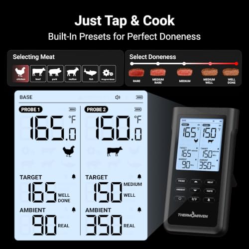ThermoMaven Sub-1G Wireless Meat Thermometer, No App, 2 Ultra-Thin Probes | 3000FT Open Range, Standalone Base, 6 Sensor NIST Accuracy, IPX8 Waterproof, BBQ Smoker Grill Oven Brisket Steak Turkey Pork - color: Black