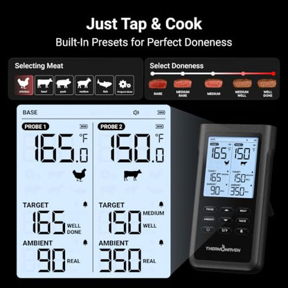 ThermoMaven Sub-1G Wireless Meat Thermometer, No App, 2 Ultra-Thin Probes | 3000FT Open Range, Standalone Base, 6 Sensor NIST Accuracy, IPX8 Waterproof, BBQ Smoker Grill Oven Brisket Steak Turkey Pork - color: Black