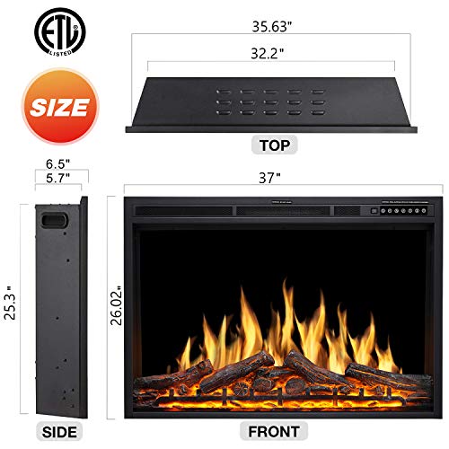 R.W.FLAME 36" Electric Fireplace Insert, Realistic Log Recessed Electric Stove Heater, 4 Color Adjustable Flames, 8 H Timer, 5 Brightness Settings, 750/1500W Touch Screen, Remote Control (37''X27'')