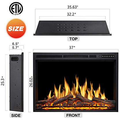 R.W.FLAME 36" Electric Fireplace Insert, Realistic Log Recessed Electric Stove Heater, 4 Color Adjustable Flames, 8 H Timer, 5 Brightness Settings, 750/1500W Touch Screen, Remote Control (37''X27'')
