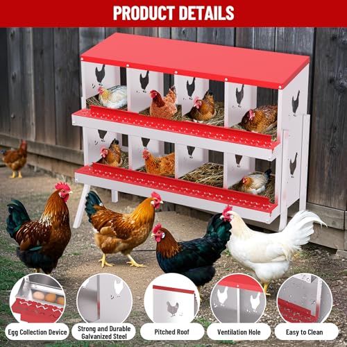Chicken Nesting Box,8 Holes Galvanized Steel Metal Chicken Laying Box with Automatic Roll-Away Egg Collection System & Removable Tray,Wall Mount Nesting Boxes - color: Red, size: 8 Holes with Legs