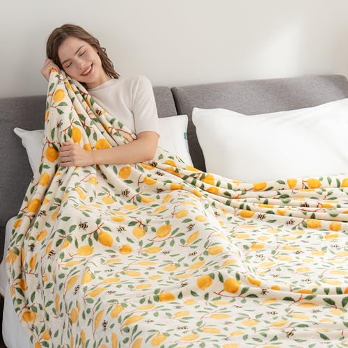Berkshire Blanket-Classic Heavyweight Soft Printed VelvetLoft® Plush Blanket, Full/Queen Size Soft Fuzzy Warm Blanket for Couch Sofa Bed, Lemons and Bees Yellow, 90in x 90in - color: Lemons and Bees Yellow, size: Full/Queen