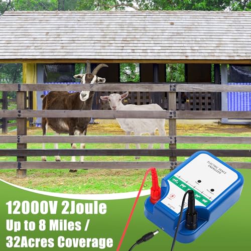 MorningRo 8 Mile Electric Fence for Livestock, 12kv 2j Electric Fence Charger, 3366 ft Polywire, 40 T Post Insulator, 20 Screw in Insulator for Horse Cattle Pasture