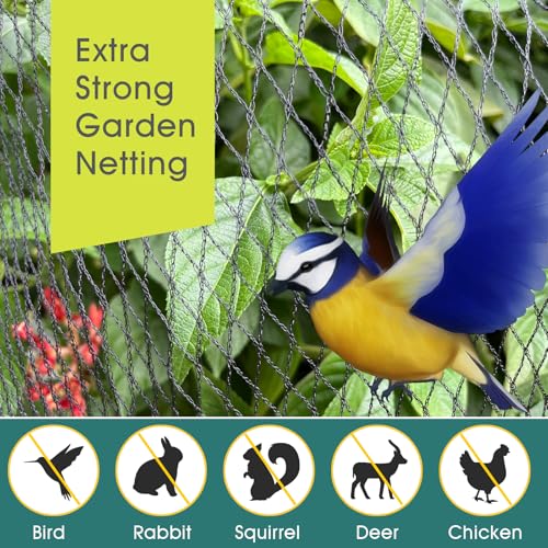 Bird Netting for Garden - 6.5 x 32.8 FT Heavy Duty Anti Bird Netting Mesh with Ties and Landscape Staples for Vegetable, Fruit Trees & Other Plants, Lasting Against Birds Deer Squirrels and Poultry - size: 6.5 x 32.8FT
