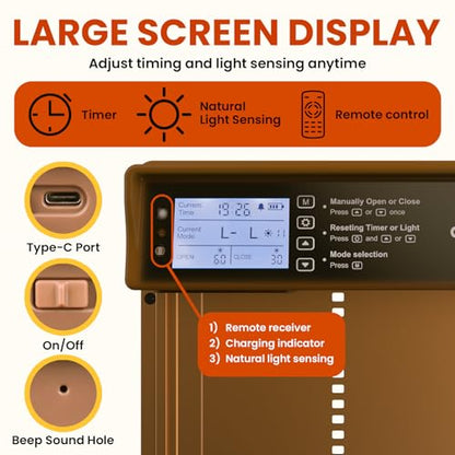 Okkobi Automatic Chicken Coop Door Solar Powered - Poultry Coop Door with Remote Control, Timer & Light Sensor - LCD Display - Anti-Pinch Function - 5-Year Protection - Brown - color: Rustic Brown