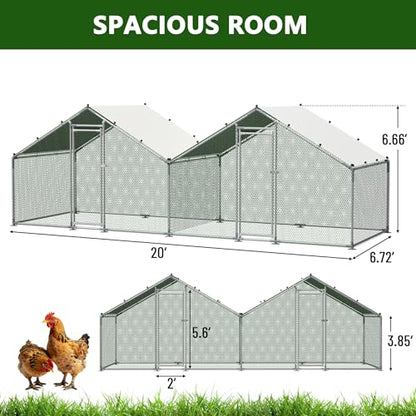 Metal Chicken Coop 20x6.7x6.7ft Large Walk-in Poultry Cage for 10-20 Chickens Chicken Run Pen Hen Rabbit Duck House with Waterproof Cover for Outdoor Farm Use - size: 240.0"L x 80.0"W x 80.0"H