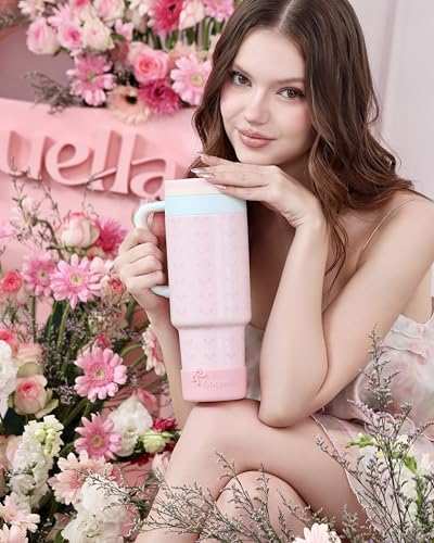 40 oz Insulated Tumbler with Handle and Push-Button Straw Lid, Stainless Steel Travel Cup for Gym Office, Leakproof, BPA-Free, Cup Holder Friendly, Bow Silicone Boot, Pink (Coquette Bloom) - color: Coquette Bloom