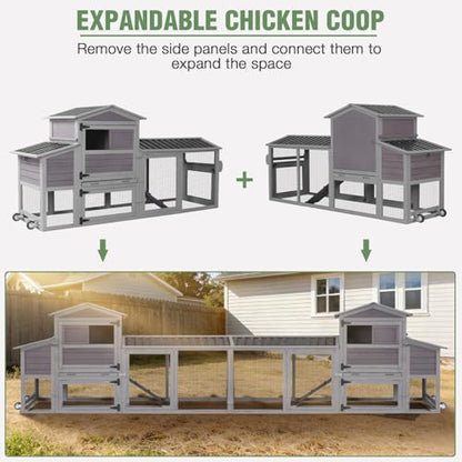 Mobile Chicken Coop with Wheels for 4-6 Chickens, Large Wooden Hen House Expandable Duck Cage with Run, 2 Nesting Boxes, Easy Clean Pull-Out Tray, Waterproof Asphalt Roof (Grey) - size: 80.6"L x 26.6"W x 42.4"H