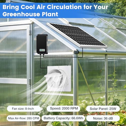 Fanspex Solar Exhaust Fan, Solar Powered Vent Fan Kit for Outside Greenhouse Shed Chicken Coop (8" Fan with Battery) - size: 8" Fan Large