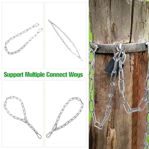 2 Pack Outdoor Gate Chain Lock with 4 Carabiners, Adjustable 5/32 x 28 Inch Security Gate Latch Chain, One Handed Operate Gate Chain for Fence Garden Yard Farm Barn, Silver