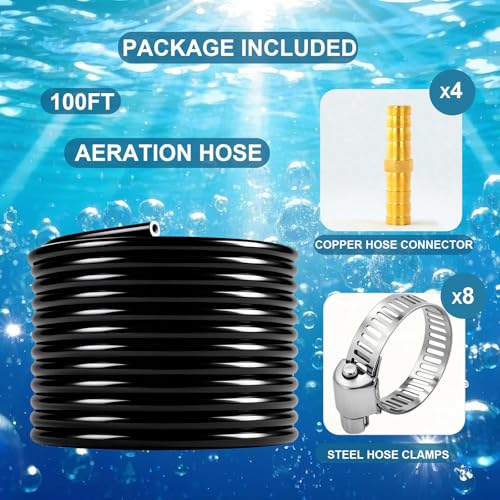 3/8 Inch Self-Sinking Aeration Hose, Heavy-Duty Weighted Pond Tubing with 8 Stainless Steel Clamps and 4 Copper Menders for Ponds, Lakes, Aquaculture (100 FT)